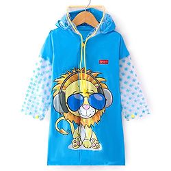 Babyhug Full Sleeves Knee Length Raincoat Lion Roar Print - Sky Blue