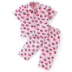 Babyhug Cotton Knit Half Sleeves Cherry Print Night Suit - Pink