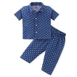 Babyhug Single Jersey Cotton Knit Half Sleeves Night Suit Polka Dot Print - Blue