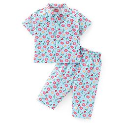 Babyhug Single Jersey Knit Half Sleeves Floral Print Night Suit - Blue