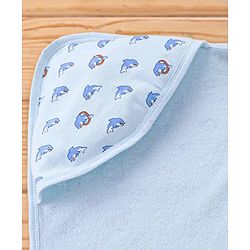 Babyhug Knit Terry Towel With Hood Fish Print L 76.2 x B 76.2 cm - Blue