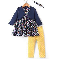 Babyhug 100% Cotton Knit Frock & Leggings with Full Sleeves Shrug & Head Band Floral Print - Navy Blue