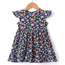 Babyhug 100% Cotton Knit Frock & Leggings with Full Sleeves Shrug & Head Band Floral Print - Navy Blue