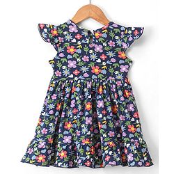 Babyhug 100% Cotton Knit Frock & Leggings with Full Sleeves Shrug & Head Band Floral Print - Navy Blue