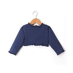 Babyhug 100% Cotton Knit Frock & Leggings with Full Sleeves Shrug & Head Band Floral Print - Navy Blue