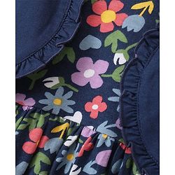 Babyhug 100% Cotton Knit Frock & Leggings with Full Sleeves Shrug & Head Band Floral Print - Navy Blue