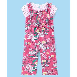 Babyhug Cotton Knit Floral Printed Jumpsuit with Half Sleeves Inner Tee - Pink & White
