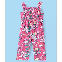 Babyhug Cotton Knit Floral Printed Dungree Style Jumpsuit with Half Sleeves Inner Tee - Pink & White