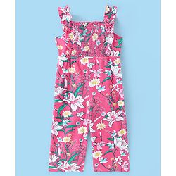 Babyhug Cotton Knit Floral Printed Dungree Style Jumpsuit with Half Sleeves Inner Tee - Pink & White