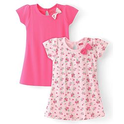 Babyhug Single Jersey Knit Half Sleeves Frocks with Floral Print Bow Applique Pack of 2 - Multicolour