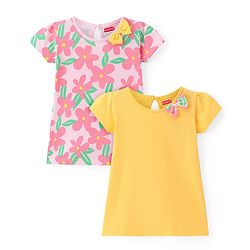 Babyhug Single Jersey Knit Half Sleeves Frocks With Floral Print & Bow Applique Pack of 2 - Pink & Yellow