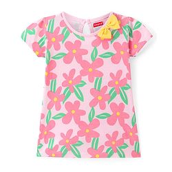 Babyhug Single Jersey Knit Half Sleeves Frocks With Floral Print & Bow Applique Pack of 2 - Pink & Yellow