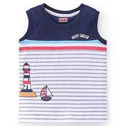 Babyhug Cotton Striped Sleeveless T-Shirt With Lighthouse & Boat Graphics - Navy & White