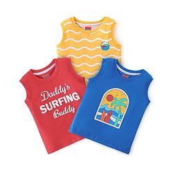 Babyhug Cotton Knit Sleeveless Surfing Beach Print T-Shirts Pack of 3 - Red Blue & Yellow