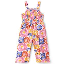 Babyhug Single Jersey Knit Sleeveless Jumpsuit With Floral Print & Bow Applique - Orange Pink & Purple