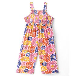 Babyhug Single Jersey Knit Sleeveless Jumpsuit With Floral Print & Bow Applique - Orange Pink & Purple