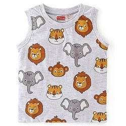Babyhug Cotton Knit Sleeveless Stripes & Lion Print T-Shirts Pack of 3 - Red Grey & Yellow