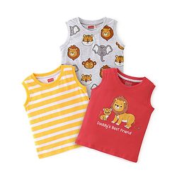 Babyhug Cotton Knit Sleeveless Stripes & Lion Print T-Shirts Pack of 3 - Red Grey & Yellow