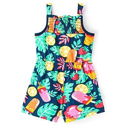 Babyhug Single Jersey Knit Sleeveless Jumpsuit with Ice Cream & Leaves Print Bow & Smocking Detailing - Navy Blue