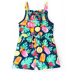 Babyhug Single Jersey Knit Sleeveless Jumpsuit with Ice Cream & Leaves Print Bow & Smocking Detailing - Navy Blue