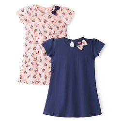 Babyhug Half Sleeves Frocks with Bow Floral Print Pack of 2 - Peach & Blue