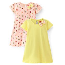 Babyhug 100% Cotton Knit Half Sleeves Solid Colour & Floral Printed Frock With Bow Pack of 2 - Multicolour