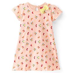 Babyhug 100% Cotton Knit Half Sleeves Solid Colour & Floral Printed Frock With Bow Pack of 2 - Multicolour