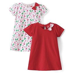 Babyhug Single Jersey Knit Half Sleeves Frock Flamingo Print Pack of 2 - Red & White