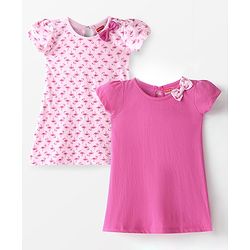 Babyhug Single Jersey Knit Half Sleeves Frock With Solid Color & Flamingo Print Pack of 2 - Peach & Pink