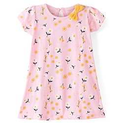 Babyhug 100% Cotton Knit Single Jersey Half Sleeves Frocks With Bow Applique & Floral Print Pack Of 2 - Multicolor