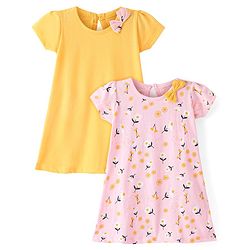 Babyhug 100% Cotton Knit Single Jersey Half Sleeves Frocks With Bow Applique & Floral Print Pack Of 2 - Multicolor