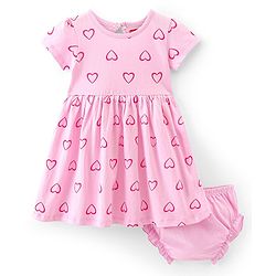Babyhug 100% Cotton Knit Half Sleeves Frock With Heart Print & Bloomer - Pink