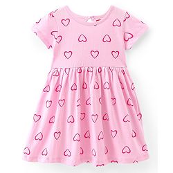 Babyhug 100% Cotton Knit Half Sleeves Frock With Heart Print & Bloomer - Pink