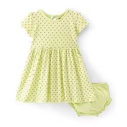 Babyhug Single Jersey 100% Cotton Knit Half Sleeves Frock & Bloomer With Polka Dot Print - Green