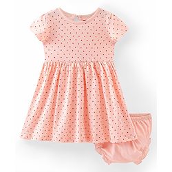 Babyhug Single Jersey Knit Cap Sleeves Polka Dots Printed Frock with Bloomer - Peach