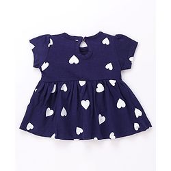 Babyhug Single Jersey Knit Half Sleeves Heart Printed Frock with Bloomer - Navy Blue