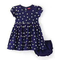 Babyhug Single Jersey Knit Half Sleeves Heart Printed Frock with Bloomer - Navy Blue