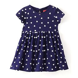 Babyhug Single Jersey Knit Half Sleeves Heart Printed Frock with Bloomer - Navy Blue