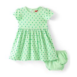 Babyhug Single Jersey Knit Half Sleeves Frock With Bloomer Polka Dot Print - Green