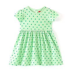 Babyhug Single Jersey Knit Half Sleeves Frock With Bloomer Polka Dot Print - Green
