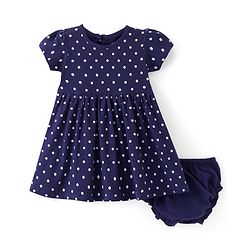 Babyhug Single Jersey Knit Half Sleeves Frock with Bloomer Polka Dots  Print - Navy Blue