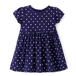 Babyhug Single Jersey Knit Half Sleeves Frock with Bloomer Polka Dots  Print - Navy Blue