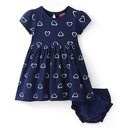 Babyhug Single Jersey Knit Half Sleeves Frock with Bloomer Heart Print - Navy Blue