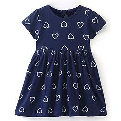Babyhug Single Jersey Knit Half Sleeves Frock with Bloomer Heart Print - Navy Blue