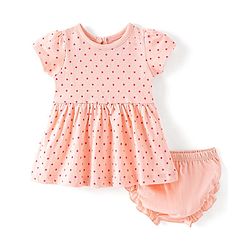 Babyhug Single Jersey Knit Half Sleeves Frock with Bloomer Polka Dot Print - Peach