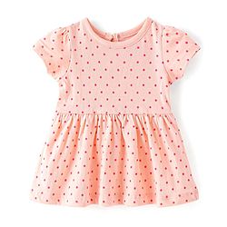 Babyhug Single Jersey Knit Half Sleeves Frock with Bloomer Polka Dot Print - Peach