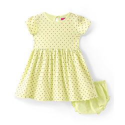 Babyhug Single Jersey Knit Half Sleeves Frock With Bloomer Polka Dot Print - Lemon