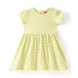 Babyhug Single Jersey Knit Half Sleeves Frock With Bloomer Polka Dot Print - Lemon