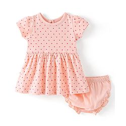 Babyhug Cotton Knit Half Sleeves Frock with Bloomer Polka Dot Print - Peach
