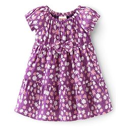Babyhug 100% Viscose Woven Half Sleeves Frock with Floral Print & Bow Applique - Purple